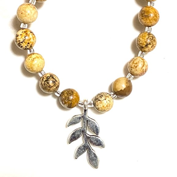 Jasper Stone Silver Leaf Branch Necklace, Genuine Gemstone Beaded Necklace - Picture 4 of 9
